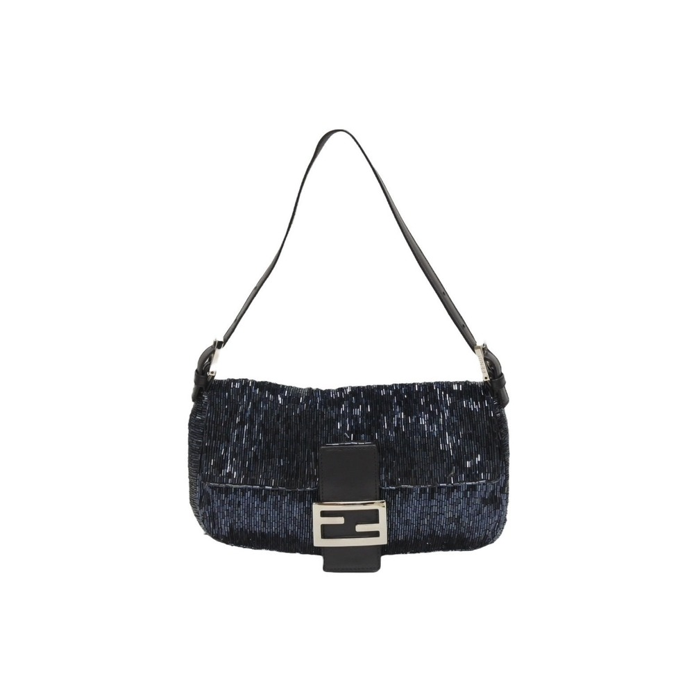 FENDI Beaded Mamma Bucket One Shoulder Hobo Bag Leather Navy Blue Charcoal